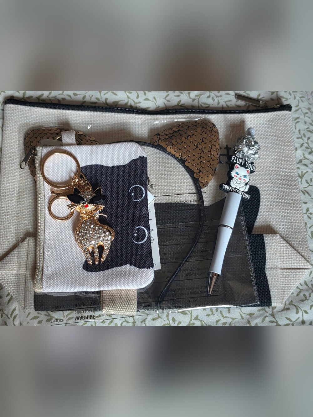 Cat Lady Gift Set Cosmetic Bag, Wristlet, Bag Charm, Pen - Black & White Cat